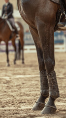 A close up of a horse's legs with protective gear and a rider in the background on another horse