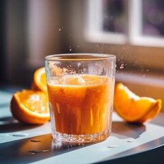 Glass of Fresh Orange Juice with Whole Orange and Mint on Table