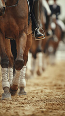 A close up shot of horses legs and riders feet in stirrups during an equestrian event or practice ride