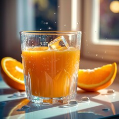 Glass of Fresh Orange Juice with Whole Orange and Mint on Table