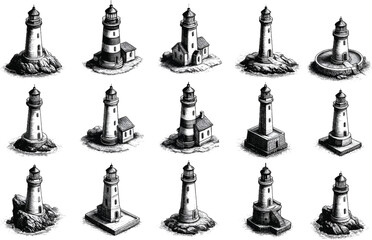Diverse collection of 15 isometric lighthouses, hand-drawn in a detailed black and white sketch style. Ideal for maritime, travel, or architectural design concepts