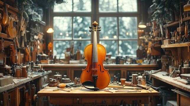 Violin on workbench in artisan workshop, snowy window