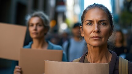 People protesting outdoors carrying blank cardboard signs in a public street
