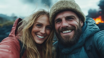 A cheerful couple smiles for the camera against a backdrop of stunning volcanic scenery, capturing their adventurous spirits and connection to nature in Iceland.