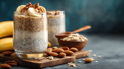 Two Glasses of Chia Seed Pudding Topped with Banana Slices and Nuts