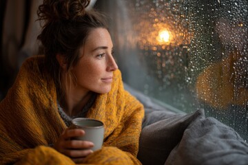 Woman Wrapped in Blanket with Beverage Gazing Out Rainy Window