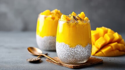 Mango pudding with chia seeds and fresh mango topping served in glass