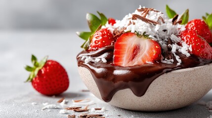 Delicious Strawberries with Chocolate, Coconut and a Slice in a Bowl