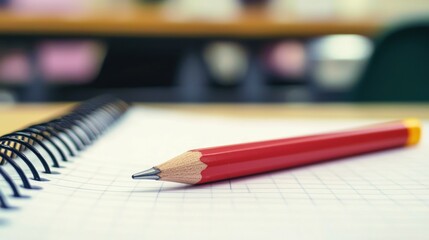 A red pencil with a yellow eraser on a white notebook with a grid pattern, placed on a wooden desk in a classroom setting.