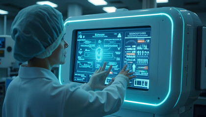 Scientist Examining Data on a High Tech Futuristic Screen in a Laboratory Setting