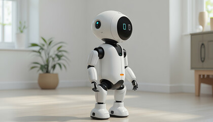 Fototapeta premium Robot Standing Indoors Modern Home with Plant and Furniture