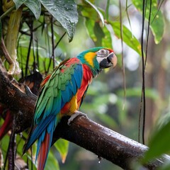Colorful Macaw Parrot Perched on a Branch in Tropical Jungle Setting

