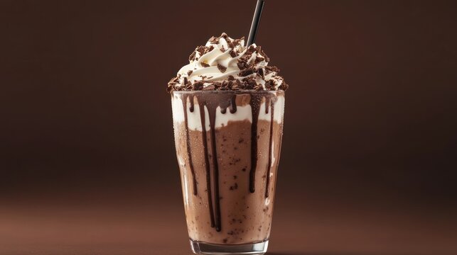 A chocolate milkshake with whipped cream and chocolate shavings in a tall glass with a straw against a brown background.
