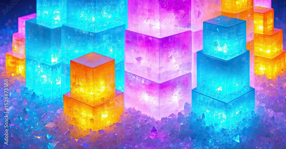 Poster vibrant glowing cubes stacked upon textured surface. bright colors create futuristic, digital aesthe