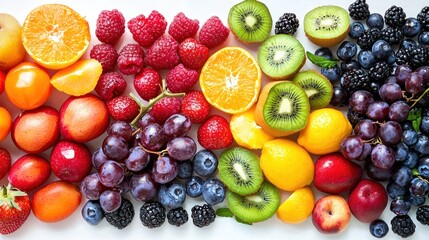 A vibrant display of various colorful fruits arranged in a rainbow pattern on a white surface.
