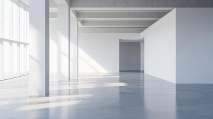Obraz premium A spacious, minimalist office space with white walls, concrete floors, and large windows allowing natural light to flood the room.