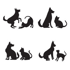  Flat design dog and cat silhouette set