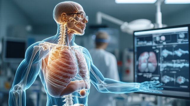 A digital render of an anatomical model showcasing human organs, set in a modern clinic, representing the forefront of medical technology and understanding of the human body.