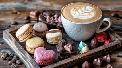 Cappuccino with beautiful foam art, complemented by a selection of macarons and heart-shaped chocolates on a rustic wooden tray