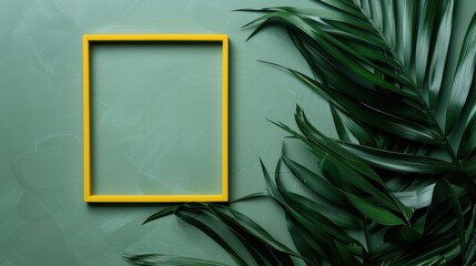 An appealing image featuring a bright yellow frame against a textured green surface, surrounded by tropical leaves, representing creativity and freshness in design.