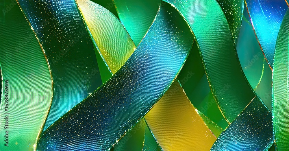 Poster Abstract ribbons intertwine, displaying vibrant green, blue, yellow hues. Glittering particles enhance texture, creating dynamic visual effect.
