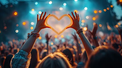 A woman creating a heart with sparkling light amidst a cheering crowd spreading love at a lively music festival with