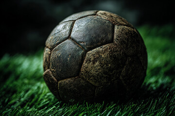 A worn soccer ball resting on a vibrant green artificial turf in a dimly lit outdoor environment