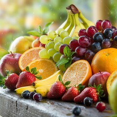 Assorted Fresh Fruits and Berries on a Rustic Wooden Table