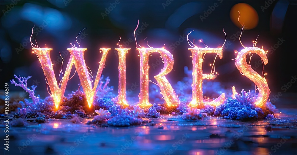 Poster Glowing text spells WIRES. Fiery illumination emanates from letters, resting upon textured surface. Dark background enhances vibrant colors.