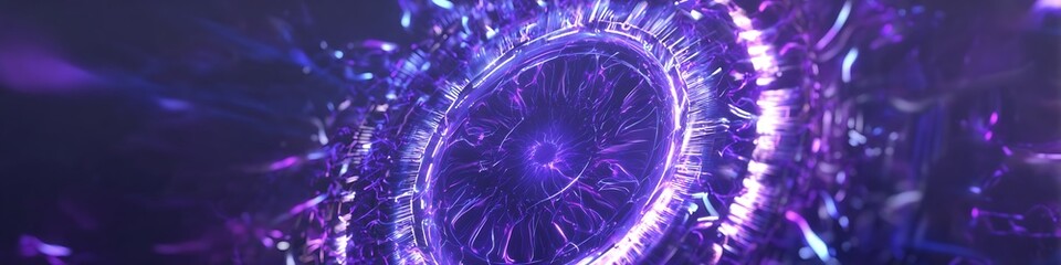 deep purple stylized charge disk with abstract vortex glow digital flare animation tech-inspired editorial style