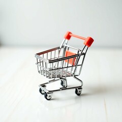 Miniature Shopping Cart with Red Accents on White Background Representing Online Shopping and Retail Concept