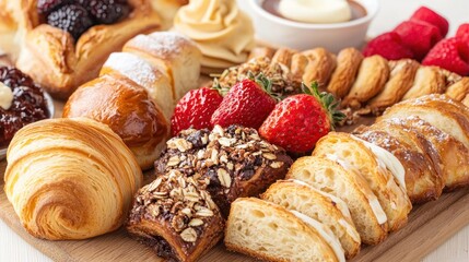 A variety of pastries and fruits arranged on a wooden board with a white background.