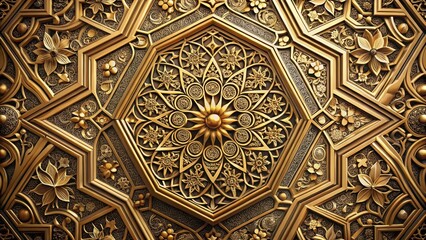 Intricate Golden Ornamentation A Detailed View of an Ornate Metallic Panel Featuring Symmetrical Floral Motifs and Geometric Patterns