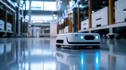 A white robot with blue lights on a reflective floor in a large, empty warehouse with yellow poles and white boxes in the background.