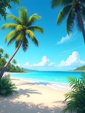 Serene Tropical Beach with Palm Tree and Clear Blue Sky Scenery