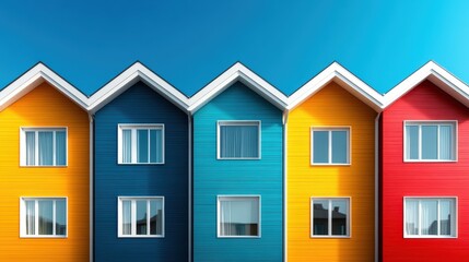 A striking view of vibrant, modern houses in various colors under a bright blue sky represents contemporary architecture and joyful living spaces.