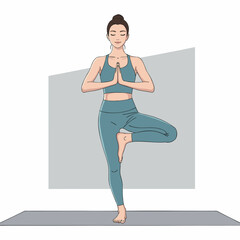 Serene Woman Practicing Tree Pose (Vrikshasana) on Yoga Mat Vector Illustration - International Yoga Day, June 21st, Yoga Day Celebration.