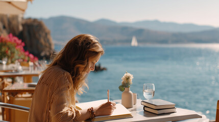 Solo traveler writing in a journal at seaside café during summer. Peaceful travel lifestyle with ocean view, books, and sunshine. Perfect for themes of self-discovery and freedom.