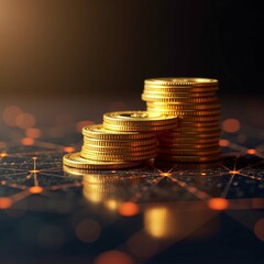 Stacks of Golden Coins on a Digital Network Background Representing Cryptocurrency and Financial Growth