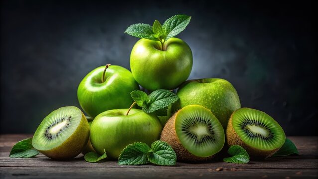 A vibrant still life featuring a collection of fresh green apples and kiwi fruit, artfully arranged with sprigs of mint, creating a visually appealing and healthy food image.