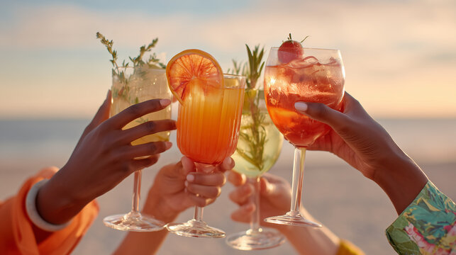 Hands toasting with colorful cocktails on beach at sunset. Celebration, tropical vibes, summer vacation, refreshing drinks, friendship, joyful travel moment in warm evening light.