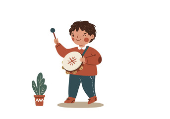 A cheerful young boy plays a tambourine, radiating joy. Vibrant colors and musical notes create a playful scene. Perfect for illustrations and branding.