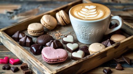 Elegant cappuccino with artistic foam, paired with colorful macarons and heart-shaped chocolates on a rustic wooden tray