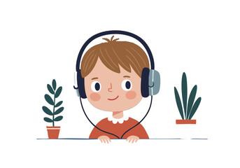 cheerful  boy listens to music with headphones surrounded by plants A playful illustration with a focus on relaxation and enjoyment Perfect for lifestyle and entertainment themes