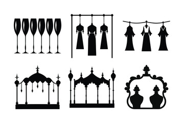 A black and white vector illustration of a set of fashion clothing hangers, a simple symbol for dress collection design