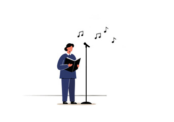 professional woman reads sheet music at a microphone surrounded by plants and musical notes Illustrative style promoting unity and harmony Suitable for choir music and collaboration themes