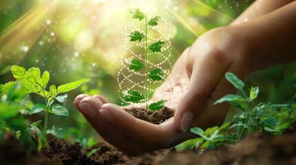 Two hands holding a small green plant with a DNA helix in the background, surrounded by green leaves and sunlight, with a blurred green background.