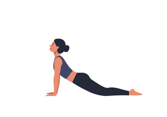 A woman performs Cobra Pose in a minimalist studio setting. Soft colors and a plant create a calming, healthy vibe. Ideal for wellness and fitness content.