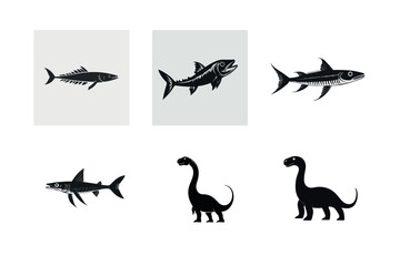 Silhouette icons of fish and dinosaurs