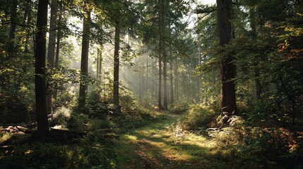 Fototapeta premium A tranquil forest scene with dappled sunlight filtering through the trees, calming rhythms in nature. High quality